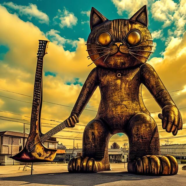 Prompt: giant rusty yellow metal statue of a giant cat playing guitar, in the style of Jacek Yerka, widescreen view, infinity vanishing point