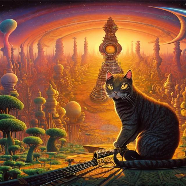 Prompt: panorama widescreen view of a giant cat playing a sitar, infinity vanishing point, in the style of Jacek Yerka