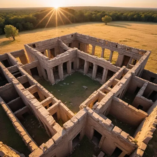 Prompt: strange ruins, overhead golden hour lighting, extra wide angle field of view, infinity vanishing point