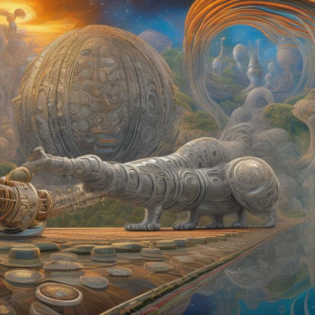 Prompt: panorama widescreen view of a giant silver cat playing a sitar, infinity vanishing point, in the style of Jacek Yerka