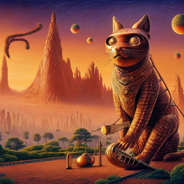 Prompt: panorama widescreen view of a giant copper cat playing a sitar, infinity vanishing point, in the style of Jacek Yerka