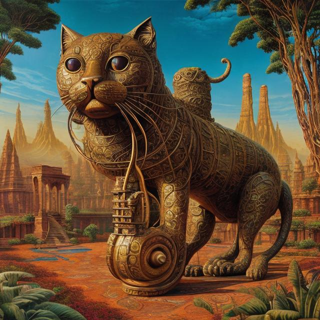 Prompt: giant bronze cat playing a sitar, widescreen view, infinity vanishing point, in the style of Jacek Yerka