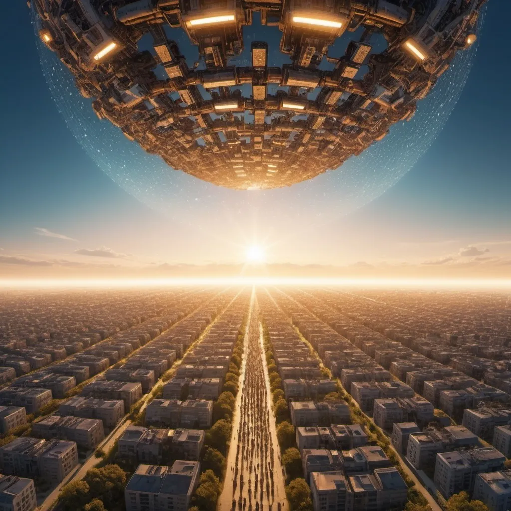 Prompt: show the final scene of artificial intelligence beings removing all forms of life on earth, golden hour overhead lighting, extra wide angle view, infinity vanishing point