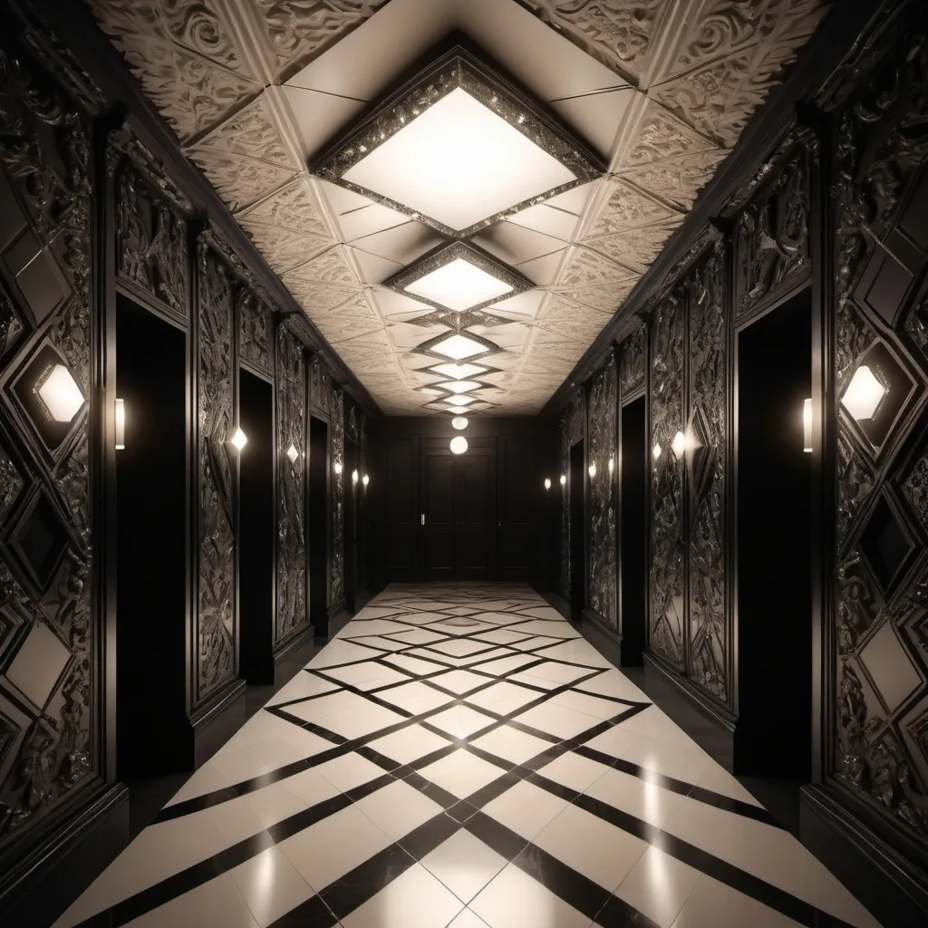 Prompt: surreal AI response, ornately detailed diamond onyx bas relief hallway, overhead lighting shadows, wide angle view, infinity vanishing point