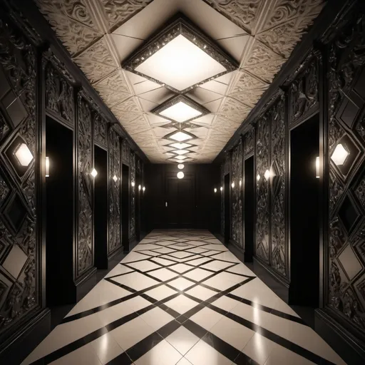 Prompt: surreal AI response, ornately detailed diamond onyx bas relief hallway, overhead lighting shadows, wide angle view, infinity vanishing point