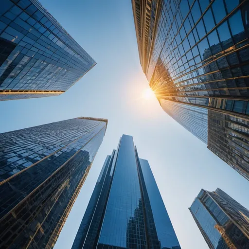 Prompt: city of sapphire blue glass mega skyscrapers, overhead golden hour lighting, extra wide angle view, infinity vanishing point