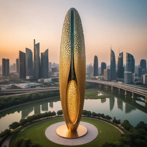 Prompt: strange 1000 meter tall supergiant paramecium statue, elegant lush skyscraper skyline background, overhead golden hour lighting, extra wide angle field of view, infinity vanishing point