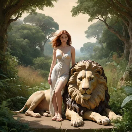 Prompt: Una and the Lion, by William Wyon, lush background, wide ratio view, infinity vanishing point