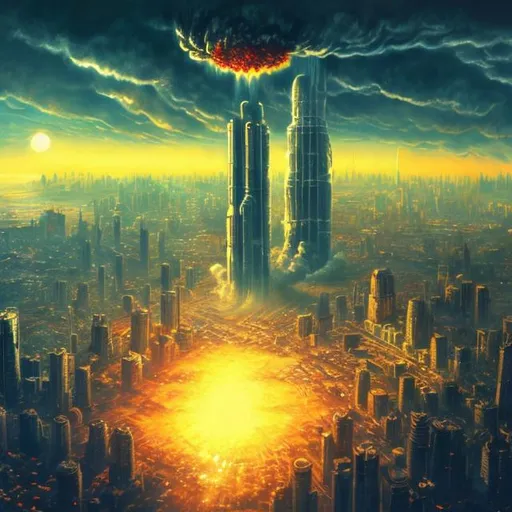 Prompt: skyscraper city, nuclear blast cloud background