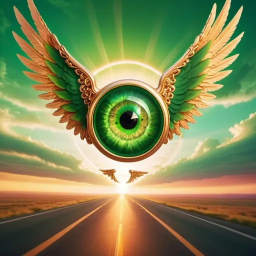 Prompt: seven giant green eyes on a winged ring in flight, colorful apocalypse background, golden hour overhead lighting, extra wide angle view, infinity vanishing point
