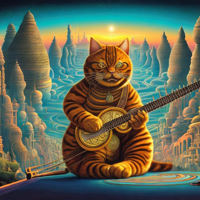 Prompt: panorama widescreen view of a giant cat playing a sitar, infinity vanishing point, in the style of Jacek Yerka