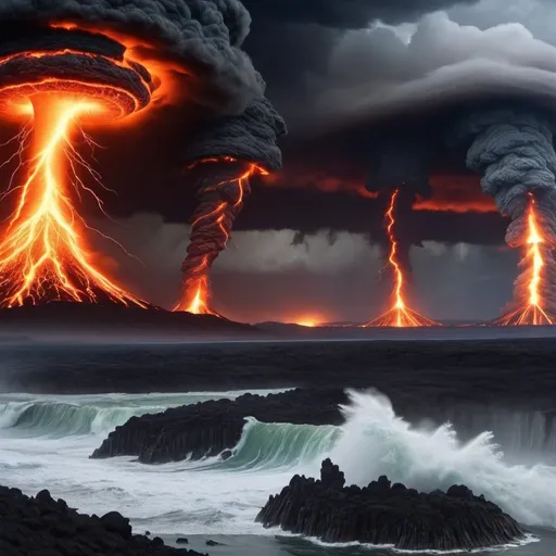 Prompt: flaming meteors, giant tornados, giant lava flows, giant rogue tidal waves, earthquake