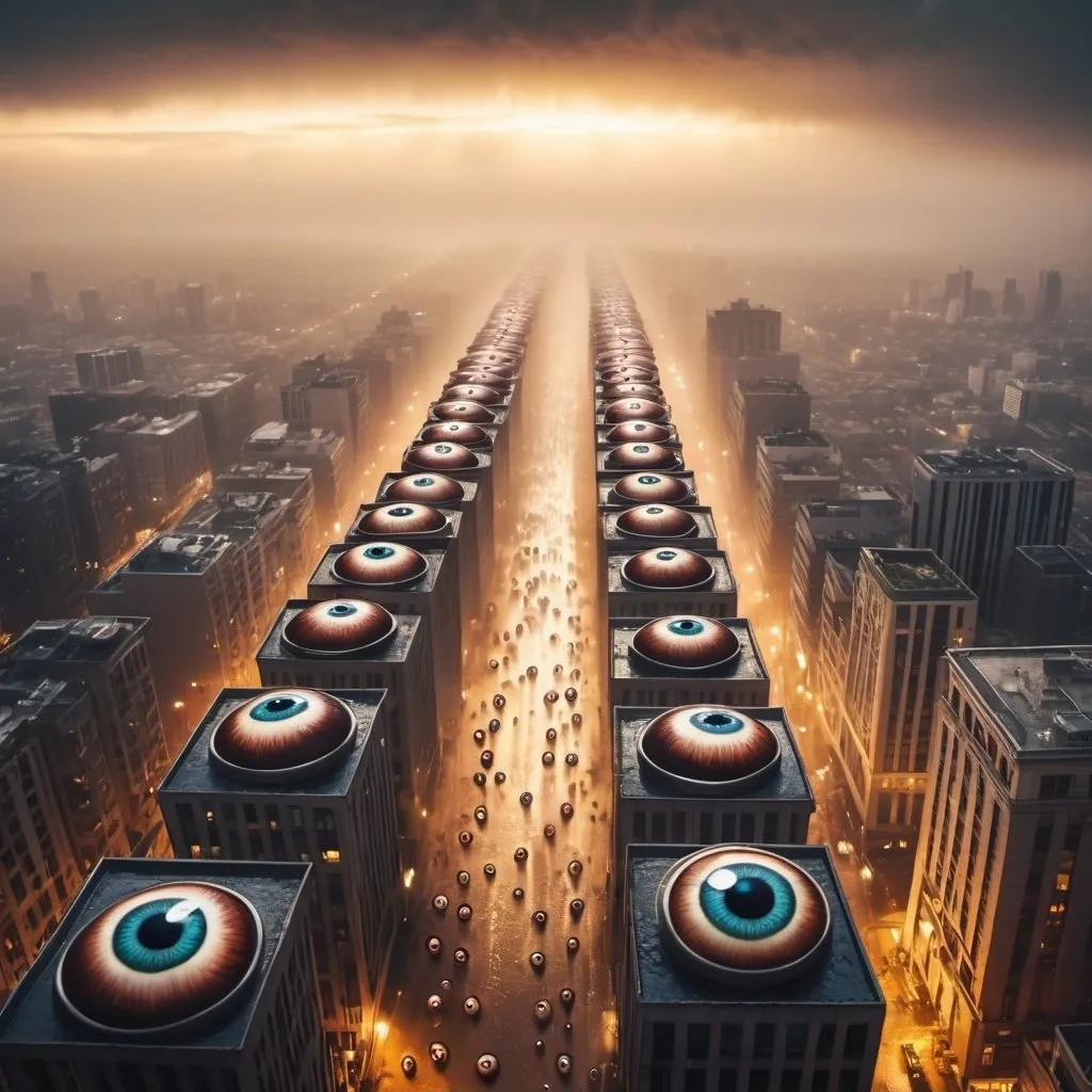 Prompt: many giant flying eyeballs crying rain on the city below, overhead golden hour lighting, foggy wide angle view, infinity vanishing point
