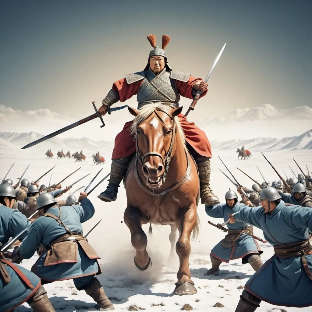 Prompt: Giant Mongol Warrior fighting against tiny enemy NATO army, extra wide angle field of view, propaganda poster style art