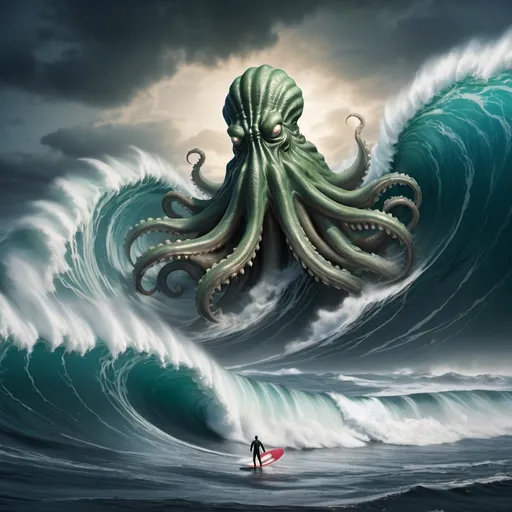 Prompt: giant Cthulu surfing the largest giant tsunami wave, Deepwater Horizon platform in foreground, overhead lighting, wide angle view, surreal background proportions, infinity vanishing point