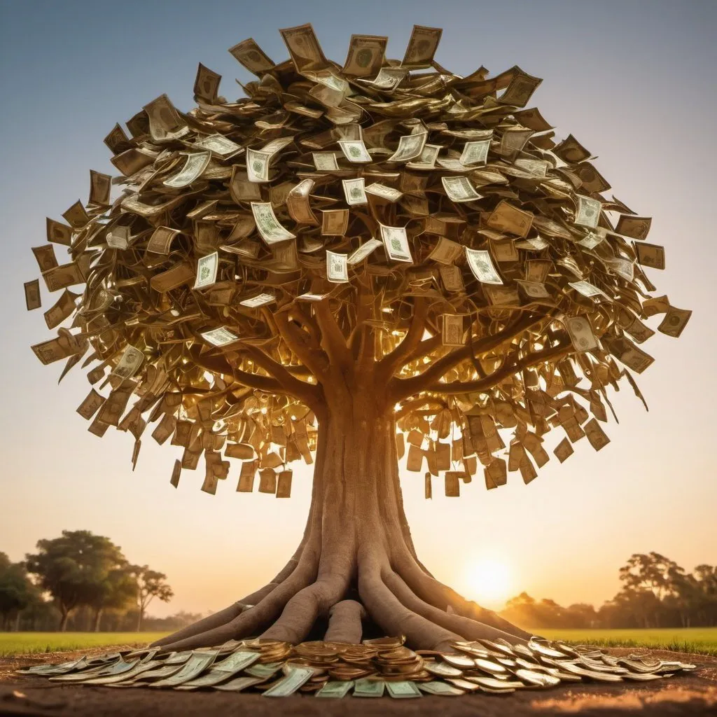 Prompt: the mysterious money tree, overhead golden hour lighting, extra wide angle view, infinity vanishing point