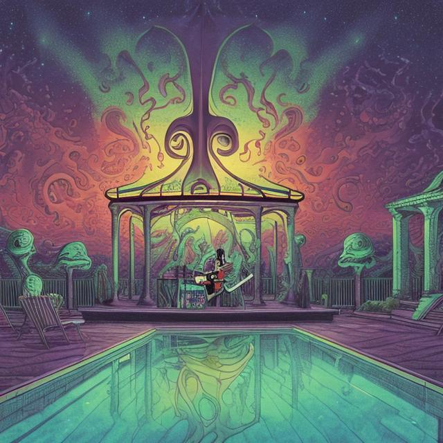 Prompt: wide perspective, jesus band playing guitars at a poolside patio gazebo barbeque, infinity vanishing point, Cthulhu nebula background
