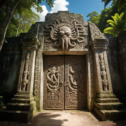 Prompt: in the Belize jungle, a giant ancient intricately detailed bas relief covered outer wall and gate to the temple of cthulhu, overhead lighting shadows, wide angle view, infinity vanishing point