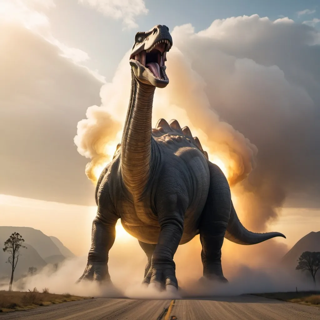 Prompt: Trump riding the biggest giant firebreathing armored war-brontosaurus in the world, overhead golden hour lighting, foggy wide angle view, infinity vanishing point