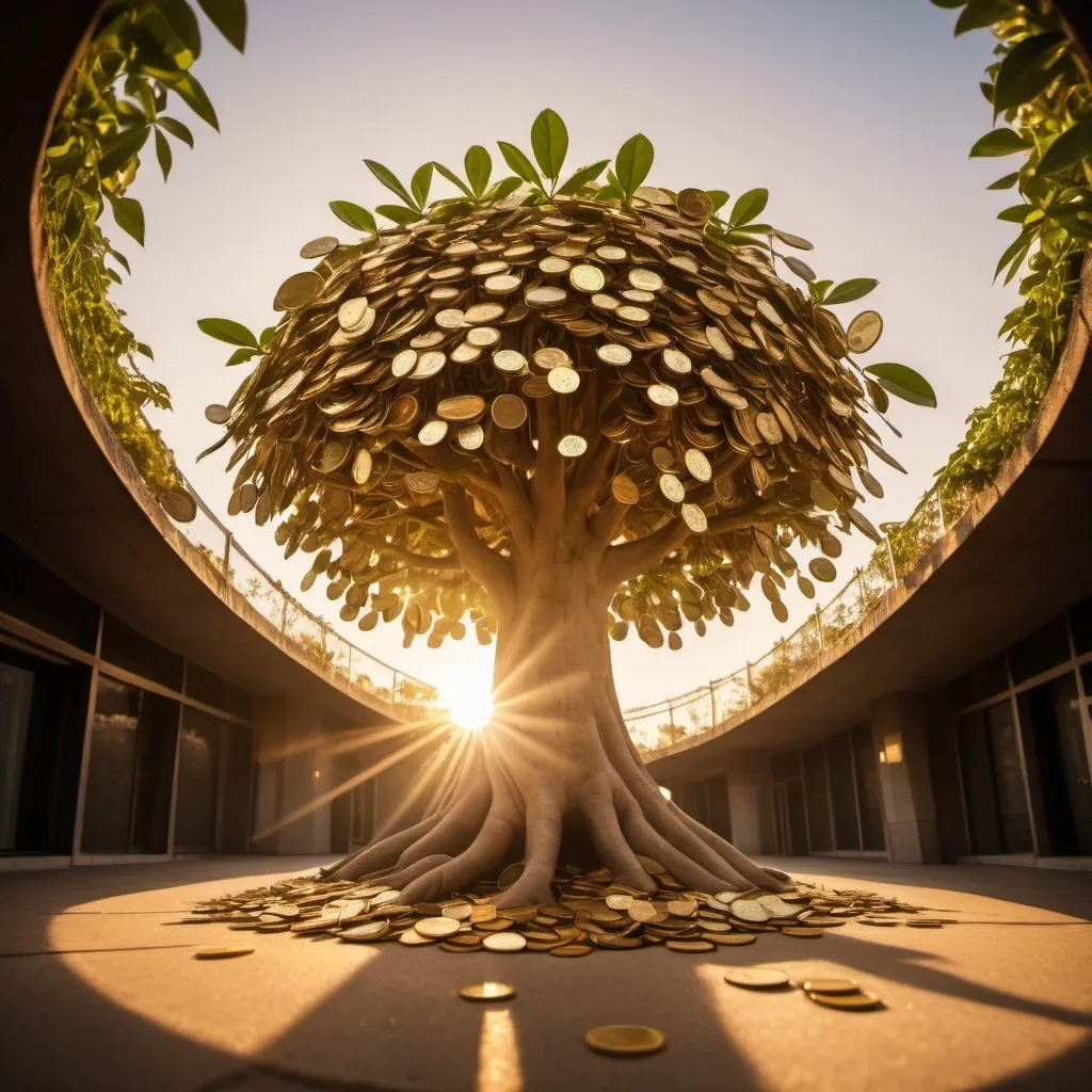 Prompt: the mysterious money tree, overhead golden hour lighting, extra wide angle view, infinity vanishing point