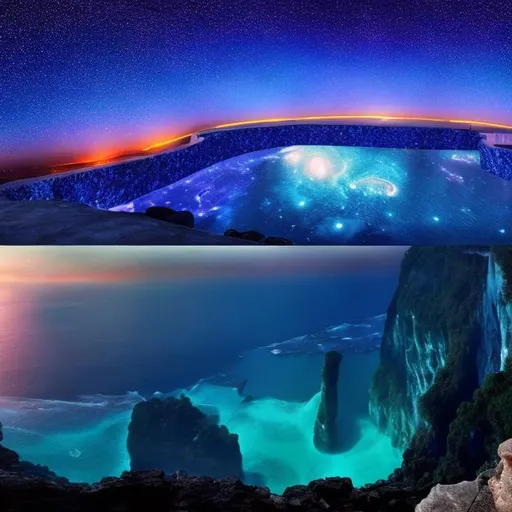Prompt: panorama view of crystal ocean from cliffside infinity pool, cthulhu starry night background