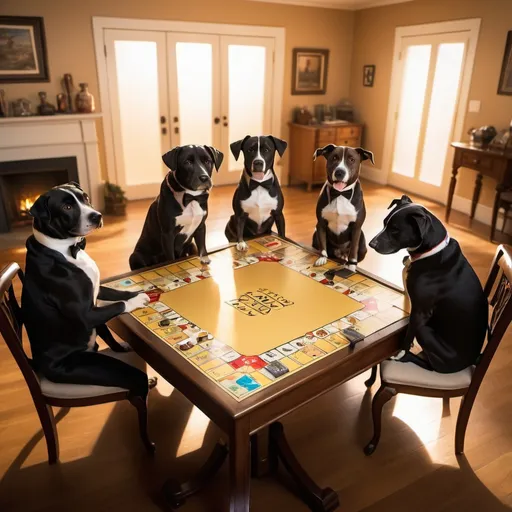 Prompt: dogs in tuxedos, playing a complicated exotic board game, golden hour overhead lighting, extra wide angle view, infinity vanishing point