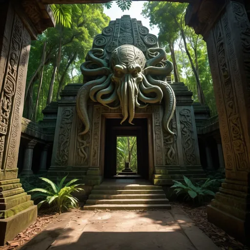 Prompt: in the jungle, an ancient bas relief temple of cthulhu, overhead lighting shadows, wide angle view, infinity vanishing point