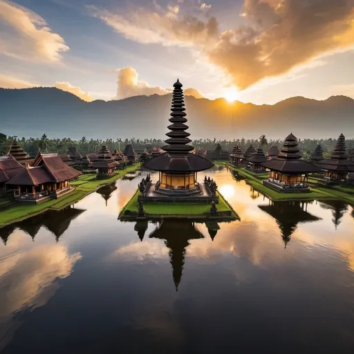 Prompt: Pura Ulun Danu Bratan, as a city of Meru style skyscrapers, overhead golden hour lighting, extra wide angle view, infinity vanishing point