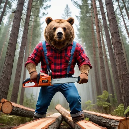 Prompt: brown bear lumberjack dual-wielding chainsaws, wearing a red flannel shirt and blue denim pants, wide angle perspective, deep forest background, infinity vanishing point