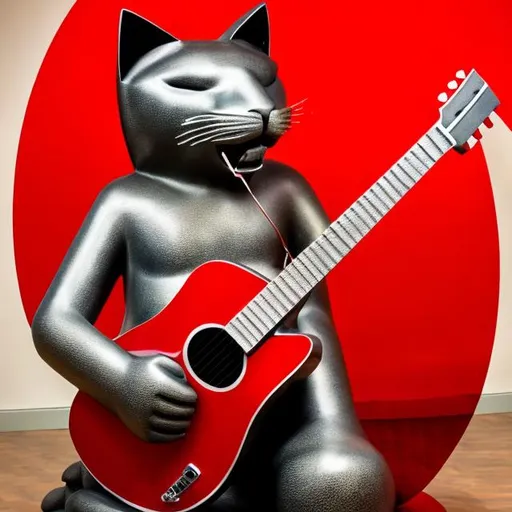 Prompt: ((((giant cat playing guitar) diamond statue inlaid with red chrome) in the style of Pablo Picasso) wide perspective view) infinity vanishing point