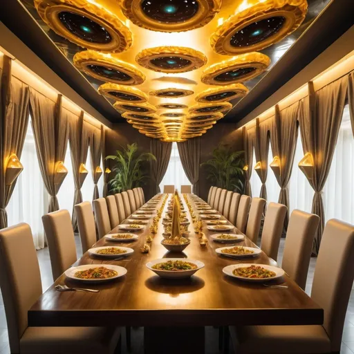 Prompt: long dining table with giant platters of alien food, exotic dining hall background, overhead golden lighting, wide angle view, infinity vanishing point