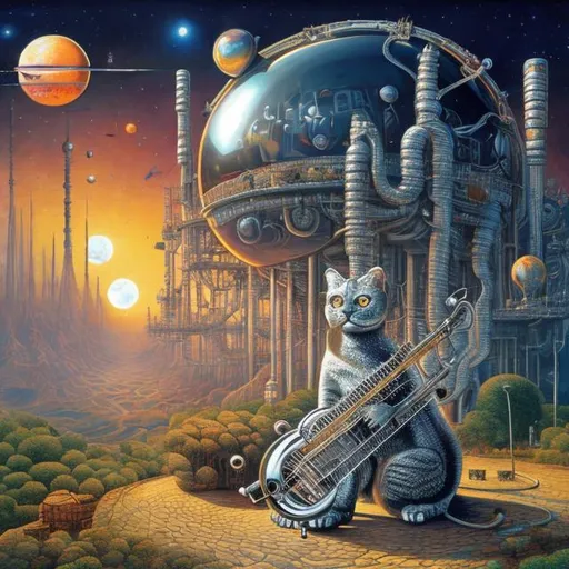 Prompt: giant chrome cat playing a sitar, widescreen view, infinity vanishing point, in the style of Jacek Yerka