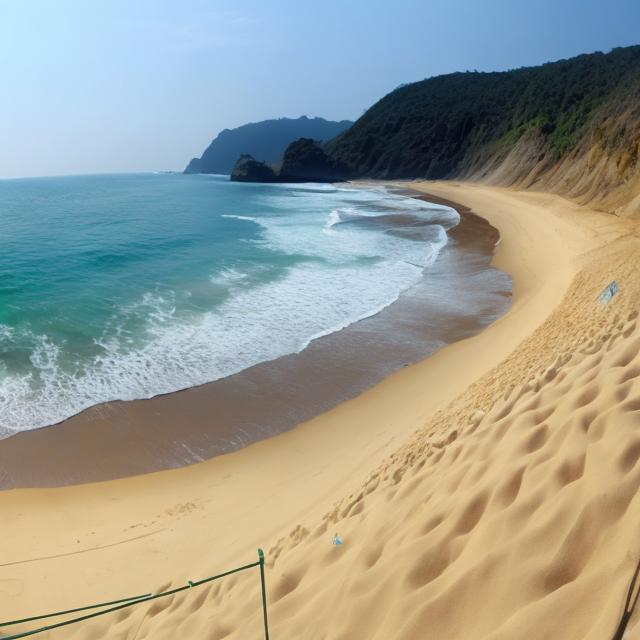 Prompt: wide panorama view, olivine sand beach