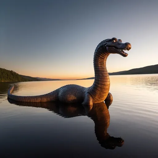 Prompt: the loch ness monster, golden hour outdoor overhead lighting, extra wide angle view, infinity vanishing point