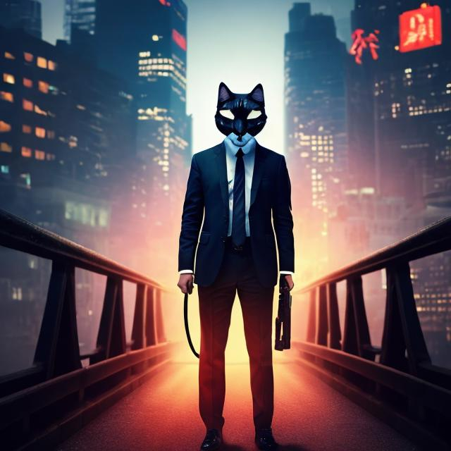 Prompt: secret agent with a cat head, on a dark bridge, overhead lighting, wide view