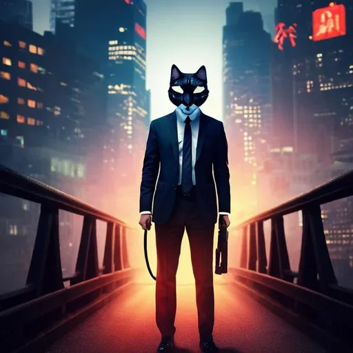 Prompt: secret agent with a cat head, on a dark bridge, overhead lighting, wide view