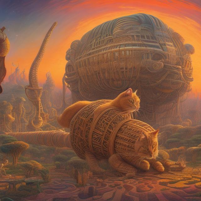 Prompt: panorama widescreen view of a giant cat playing a sitar, infinity vanishing point, in the style of Jacek Yerka