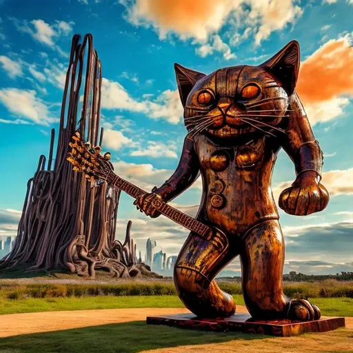 Prompt: giant rust streaked brass statue of a giant cat playing guitar, in the style of Jacek Yerka, widescreen view, infinity vanishing point