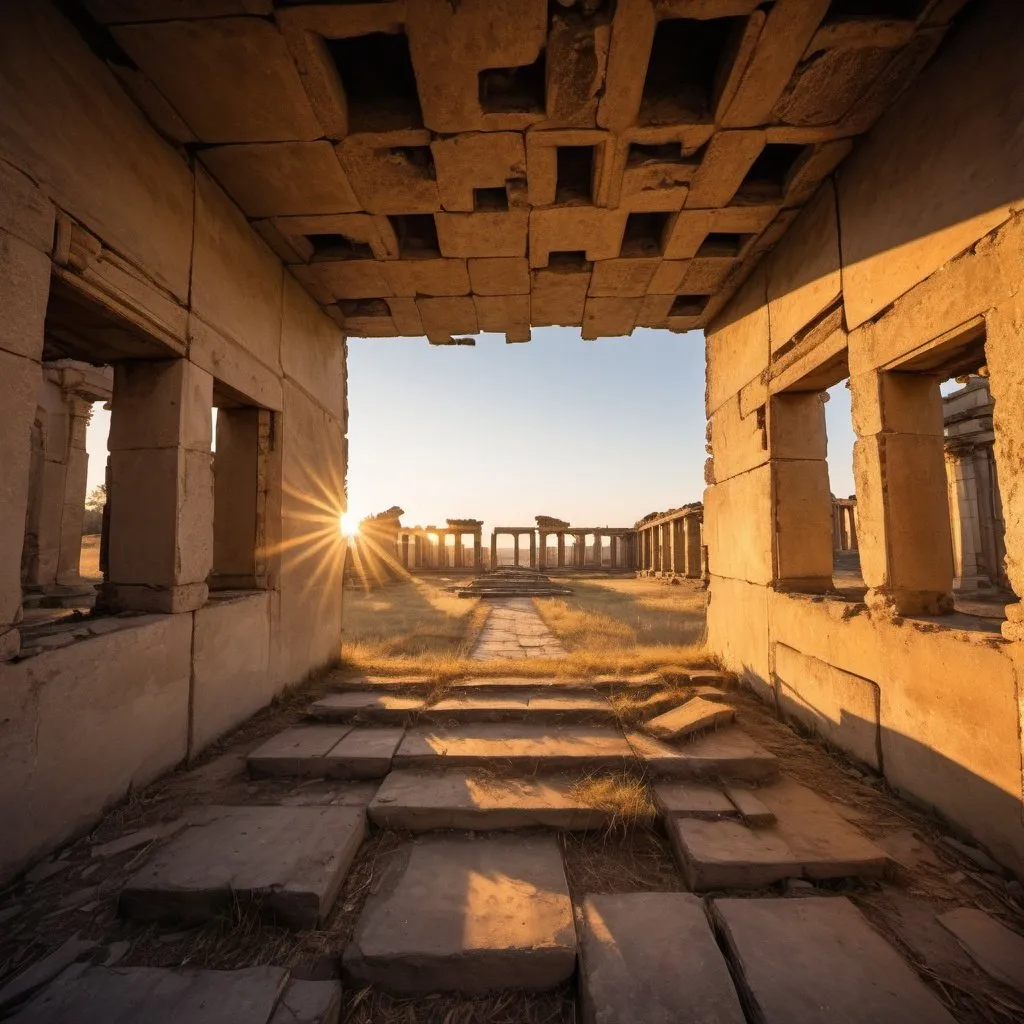 Prompt: strange ruins, overhead golden hour lighting, extra wide angle field of view, infinity vanishing point