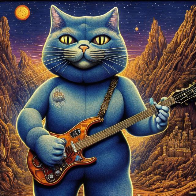Prompt: giant Lazulite metal cat playing a guitar, widescreen view, infinity vanishing point, in the style of Jacek Yerka