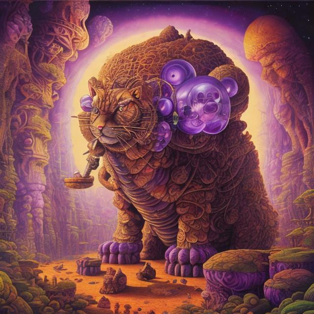 Prompt: giant amethyst cat playing a sitar, widescreen view, infinity vanishing point, in the style of Jacek Yerka