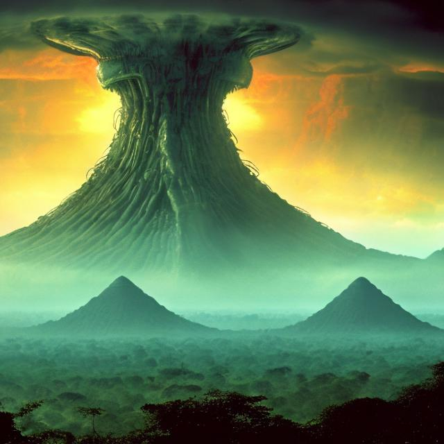 Prompt: wide panorama view, xenomorph pyramid, set in Belize rain forest jungle, nuclear blast cloud background