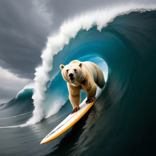 Prompt: polar bear surfing the crest of a tsunami wave, overhead lighting, wide angle view, infinity vanishing point