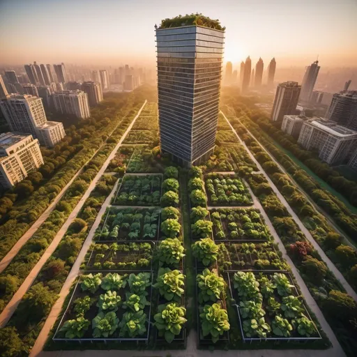 Prompt: megaskyscraper surrounded by lush vegetable gardens, overhead golden hour lighting, extra wide angle field of view, infinity vanishing point