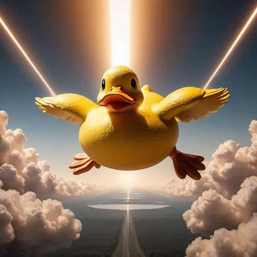 Prompt: superduck saving the world from artificial intelligence, distant mushroom cloud, golden hour overhead lighting, extra wide angle view, infinity vanishing point