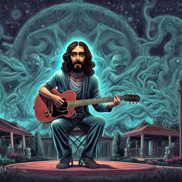 Prompt: wide view, jesus playing guitar in front of a patio gazebo barbeque grill, infinity vanishing point, Cthulhu nebula background