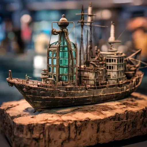 Prompt: ship diorama displayed inside a glass bottle