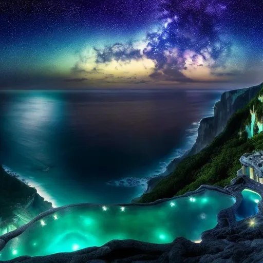 Prompt: panorama view of crystal ocean from cliffside infinity pool, cthulhu starry night background