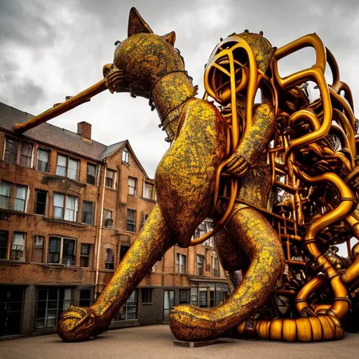 Prompt: giant rust streaked yellow metal statue of a giant cat playing guitar, in the style of M.C Escher, widescreen view, infinity vanishing point