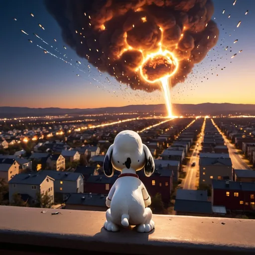 Prompt: (Snoopy watching 1000 falling meteors.) + (Giant city on fire.) + (Golden hour overhead lighting, extra wide angle view, infinity vanishing point.)